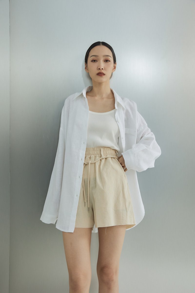 Linen Oversize Side Open Shirt Pure White - เสื้อเชิ้ตผู้หญิง - ผ้าฝ้าย/ผ้าลินิน ขาว
