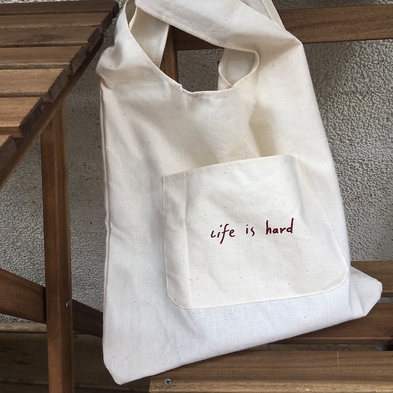Recycled Shopping Bag/Handbag -Life is hard - Messenger Bags & Sling Bags - Cotton & Hemp White