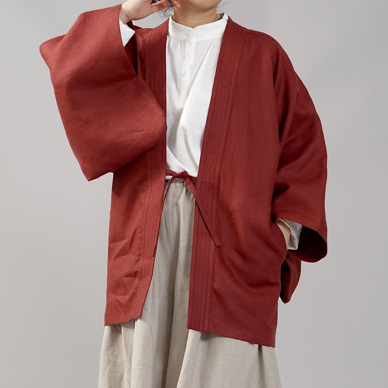 wafu - Midweight Linen Haori Jacket / Red Bean h037h-suh2 - เสื้อผู้หญิง - ลินิน สีแดง