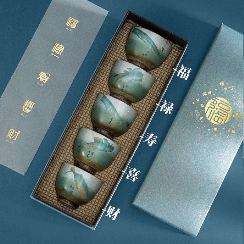 Fu Lu Shou Xi Cai | Master Cup Ceramic Kung Fu Tea Cup 5 Piece Set New Year and Spring Festival Gift Gift Box - Teapots & Teacups - Pottery 