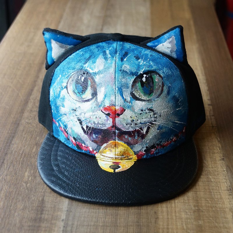 Hand painted cat ear cap <blue bell with bells> - หมวก - วัสดุอื่นๆ สีน้ำเงิน