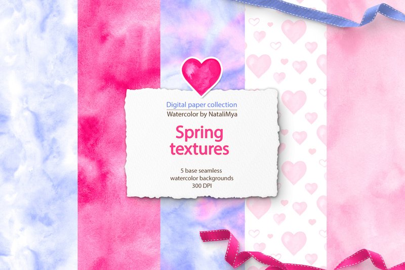 Watercolor spring digital paper, pink seamless pattern set, Watercolor blue back - Logo 設計/圖案設計 - 其他材質 