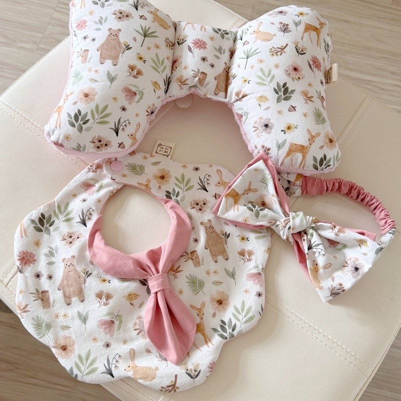 Pink Deer Bear Forest Korean organic cotton embroidered baby gift set of three angel pillow bib headband - Baby Gift Sets - Cotton & Hemp 