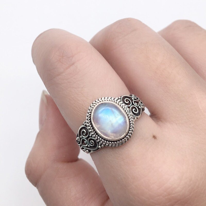 月光石925純銀重工典雅風格戒指 尼泊爾手工鑲嵌製作 - 戒指 - 寶石 藍色
