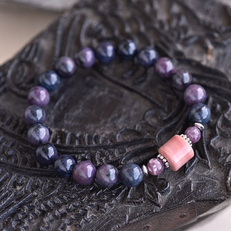 Deep purple blue line stone*rose stone*lithium mica sterling silver bracelet - สร้อยข้อมือ - เครื่องเพชรพลอย สีม่วง