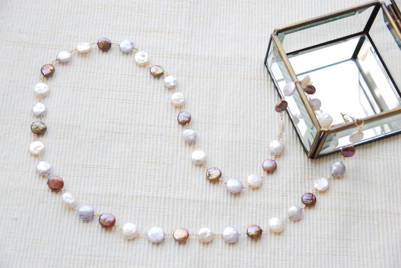 3 color of coin pearl necklace (14kgf) - สร้อยคอ - เครื่องเพชรพลอย หลากหลายสี