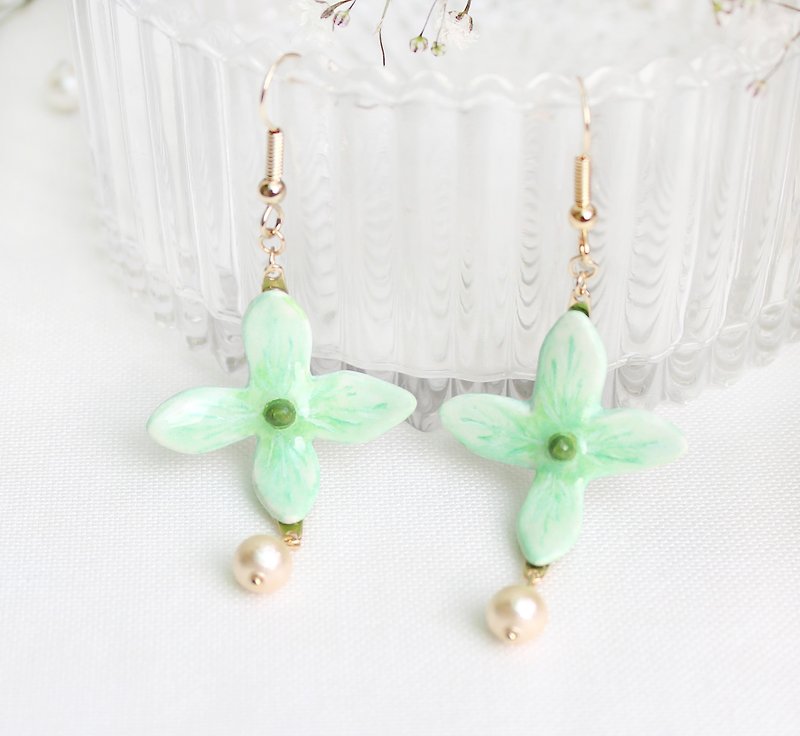 Handmade Hydrangea earrings (Green) - Earrings & Clip-ons - Clay Green