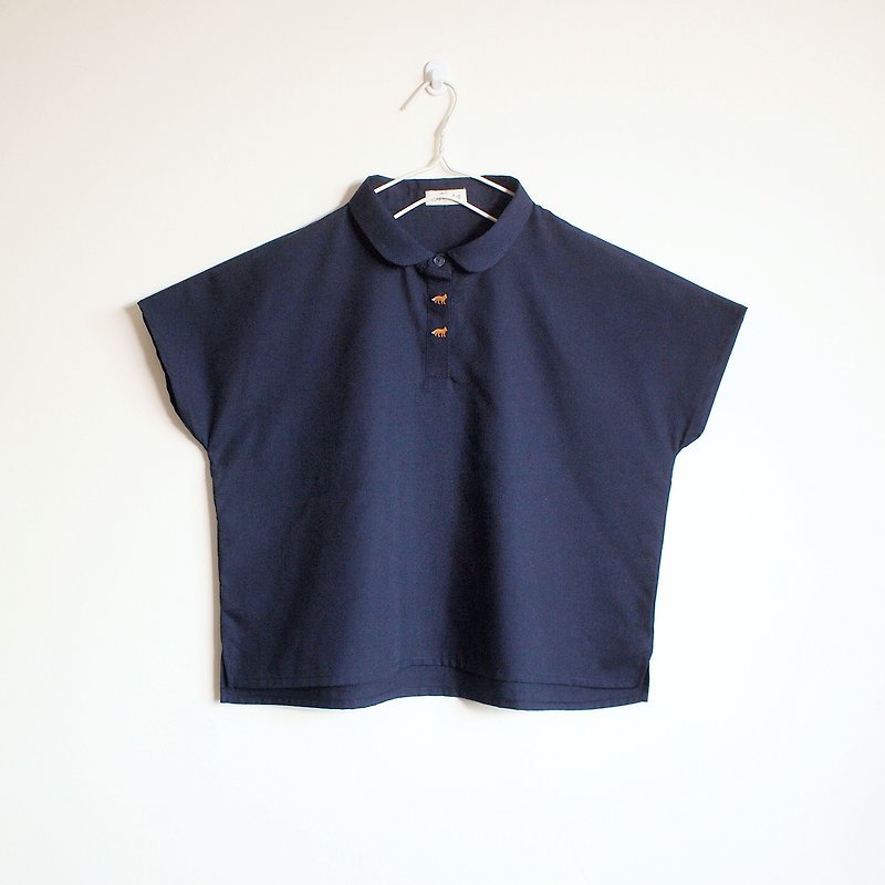 embroidered fox button blouse : navy - 女裝 上衣 - 棉．麻 藍色