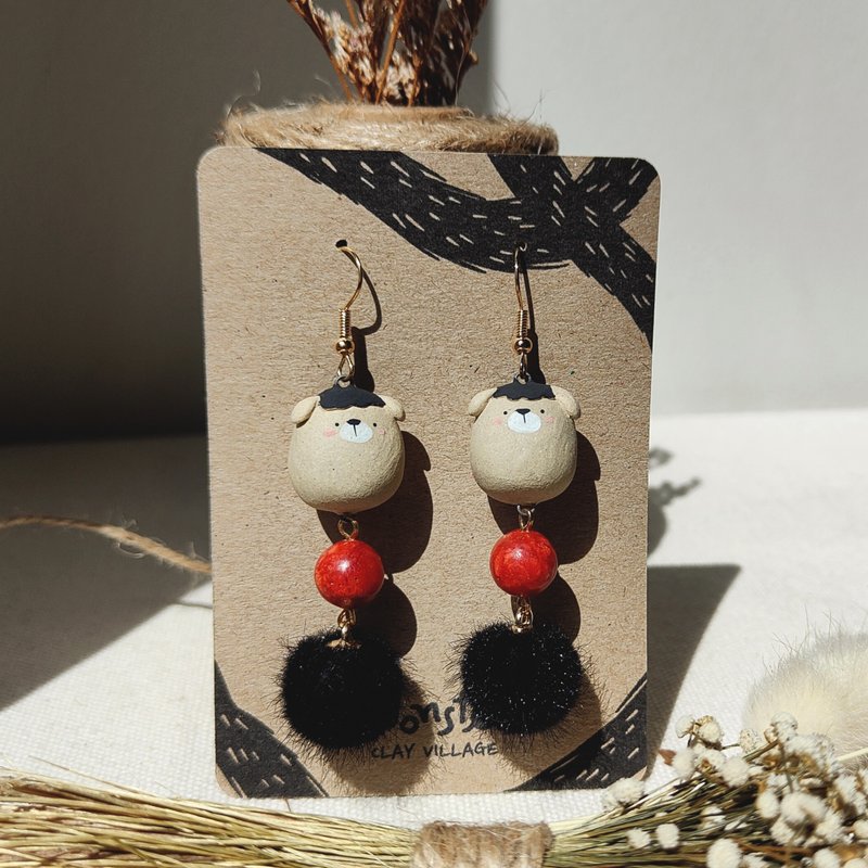【Gift Box】puppy with pom-pom, Handmade Dangle Earring - 耳環/耳夾 - 陶 