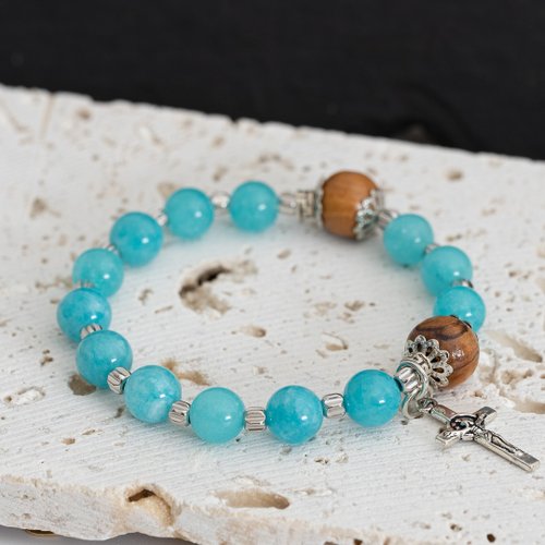 Holy Land blessing 來自聖地的祝福 天河石手鍊 天主教玫瑰經手鍊 十字架橄欖木 8250006