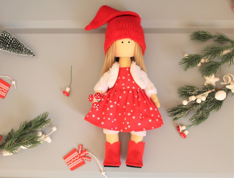 Cute Christmas rag doll with mushrooms, gift for friend - 玩偶/公仔 - 環保材質 多色