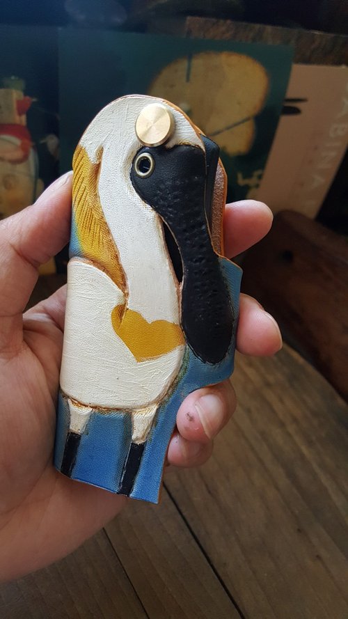 企夢想皮革帆布所 可愛黑麵琵鷺野生動物保護-飯匙鳥 純牛皮皮革汽(機)車感應鑰匙套