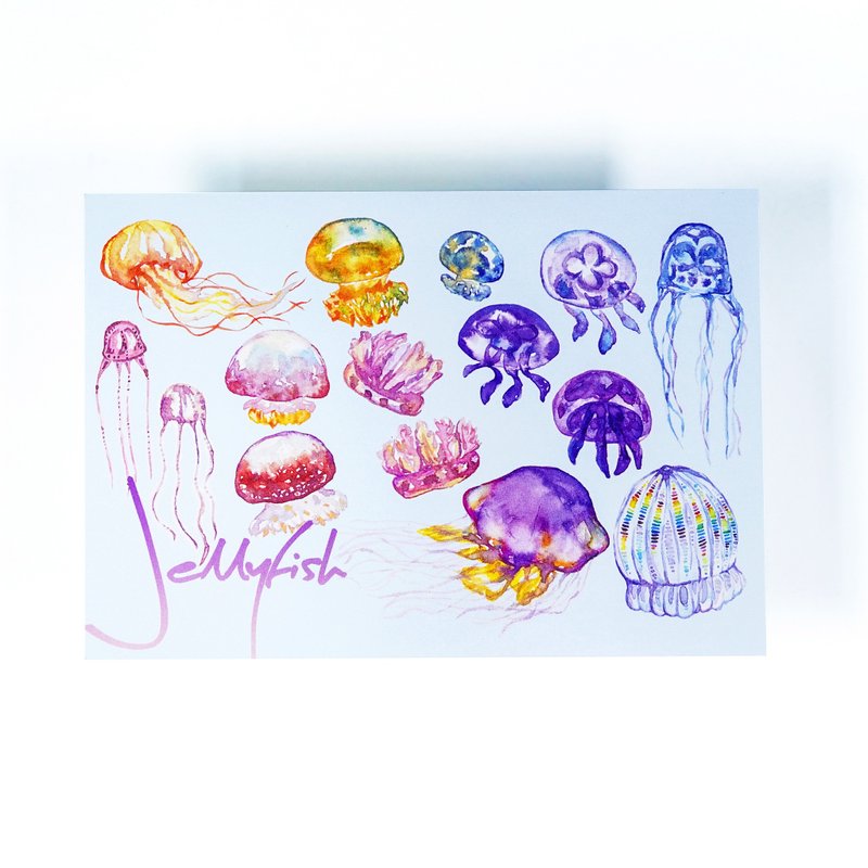 【深海水母】水彩插畫 自然圖鑑明信片 海洋 啫哩魚 - 卡片/明信片 - 紙 多色