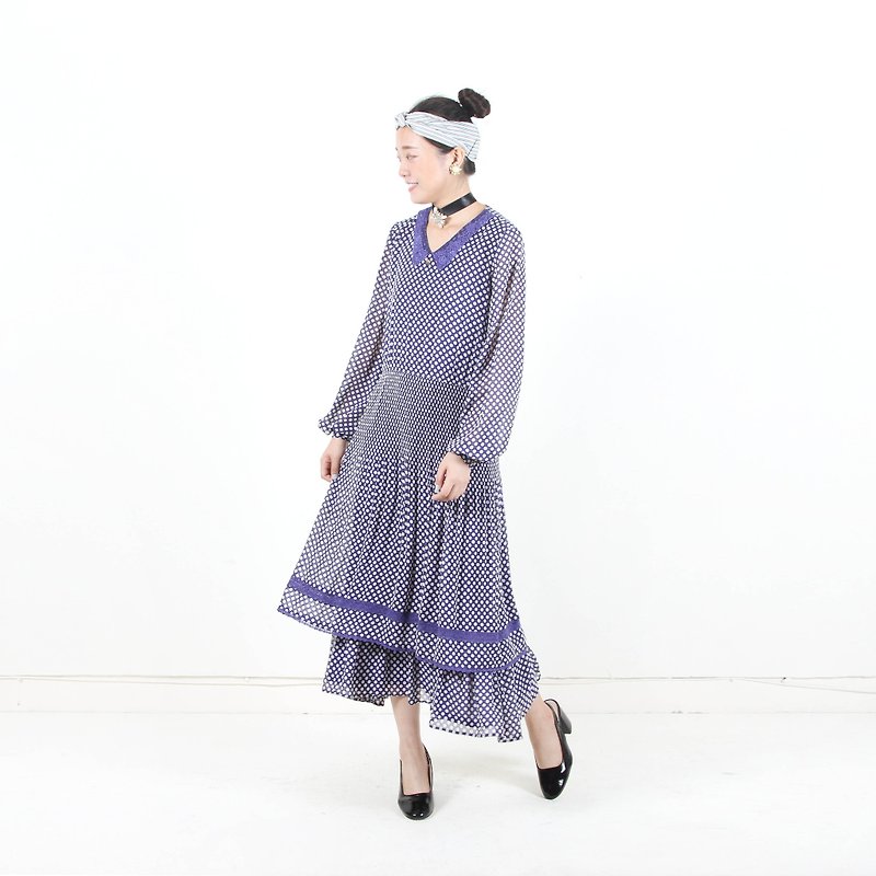 [Eggs and plants vintage] Purple Jade double skirt printing vintage dress - One Piece Dresses - Polyester Blue