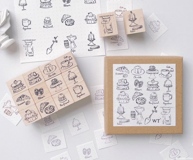 カフェコーヒーデザート木製スタンプセット 16個 - ショップ The Washi