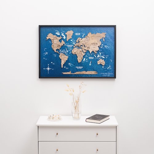 EnjoyTheWood 木質世界地圖 帶框世界地圖 時尚客廳裝飾 木板牆上地圖