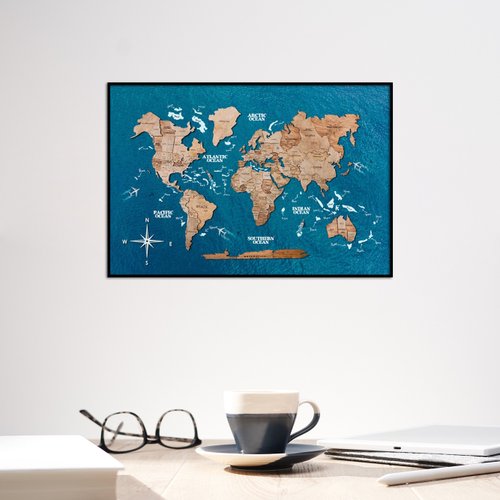 世界地図 木製 額 スペイン　壁掛け　アンティーク 壁掛け木製世界地図 | 68travel