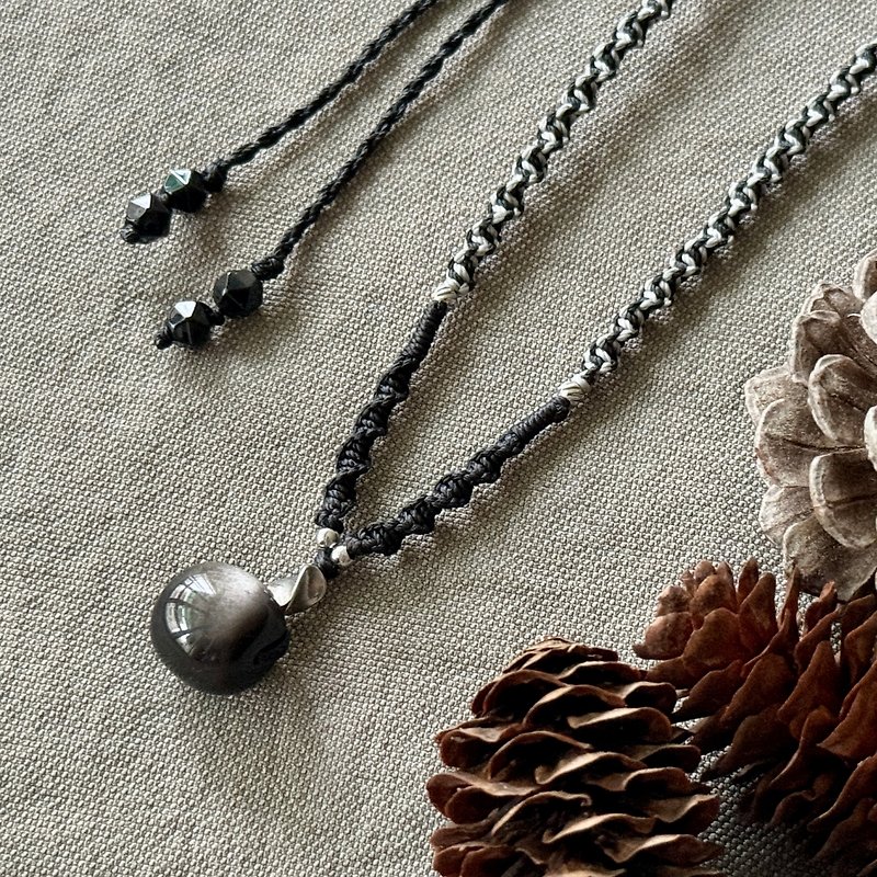 Silver deep charm/ Silver Stone obsidian braided choker necklace with adjustable length - สร้อยคอ - คริสตัล สีดำ
