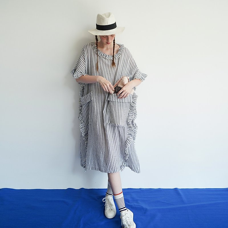 Blue and white striped lace dress - imakokoni - One Piece Dresses - Cotton & Hemp Gray