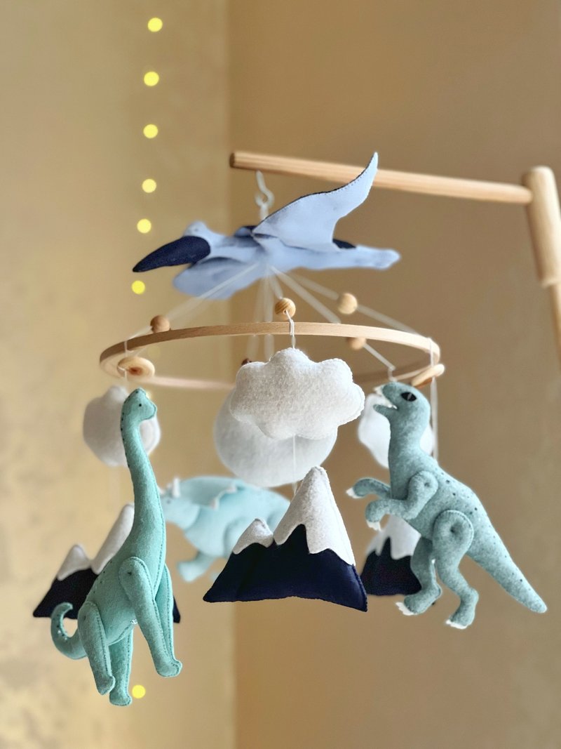 Dinosaur mobile Cot mobile Felt mobile Baby boy mobile Musical mobile Nursery - 寶寶/兒童玩具/玩偶 - 其他材質 藍色
