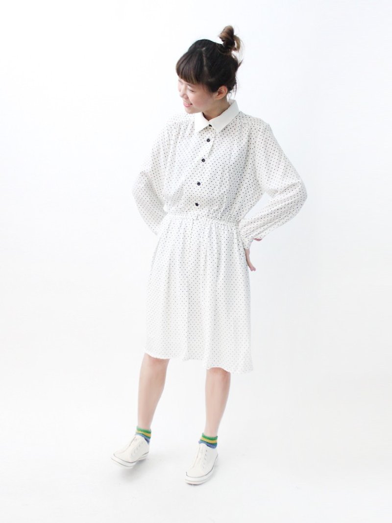 【RE1116D952】日本製寬鬆奶白色點點長袖古著洋裝 - 洋裝/連身裙 - 聚酯纖維 白色