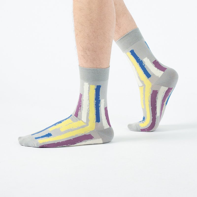 One Stroke/Gray (F)-MIT Design Mid-calf Socks - ถุงเท้า - ผ้าฝ้าย/ผ้าลินิน สีเทา