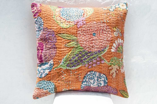 omhandmade 花朵刺繡抱枕套 純棉抱枕套 民族風抱枕套-法式風 橘子色花朵森林