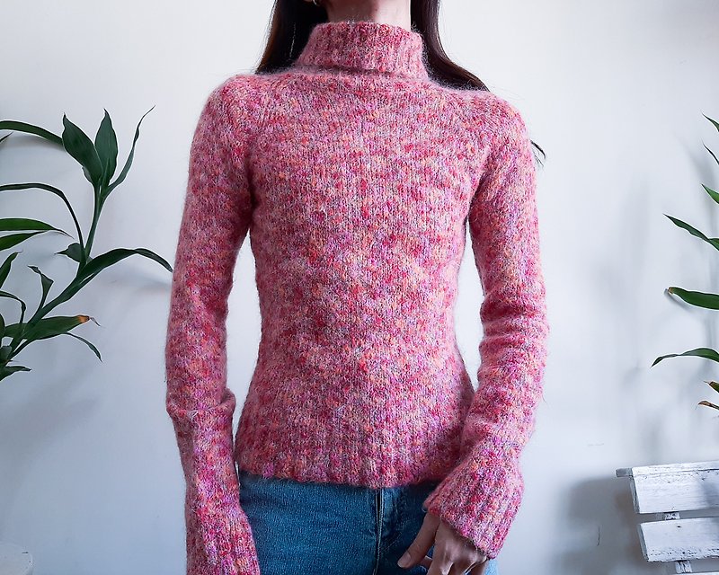 Vintage Pink Mohair Pullover Sweater Mock Neck Collar Pink Red Orange Size M - Women's Sweaters - Wool Pink