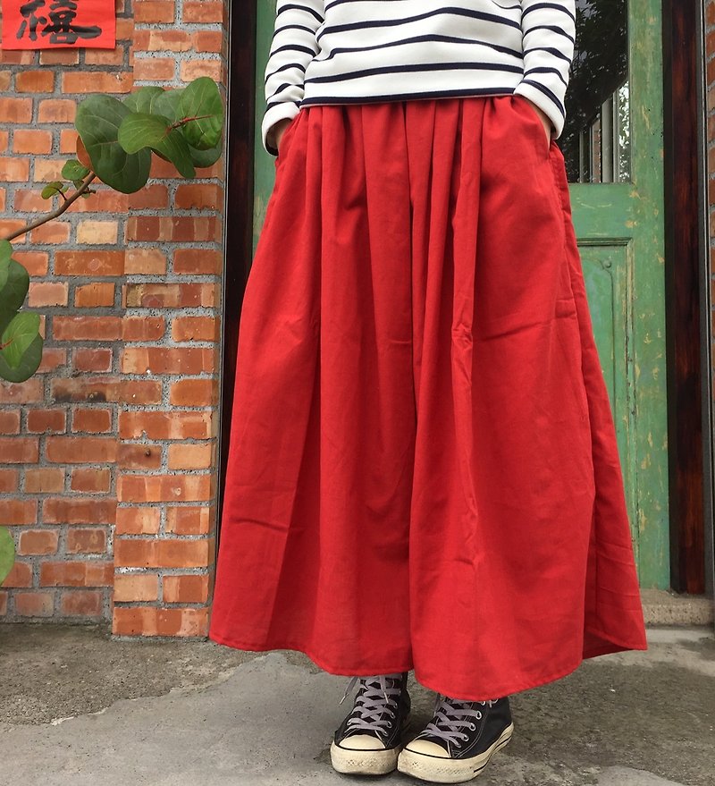 手工棉麻 珊瑚紅口袋圓裙 多色可選擇訂製