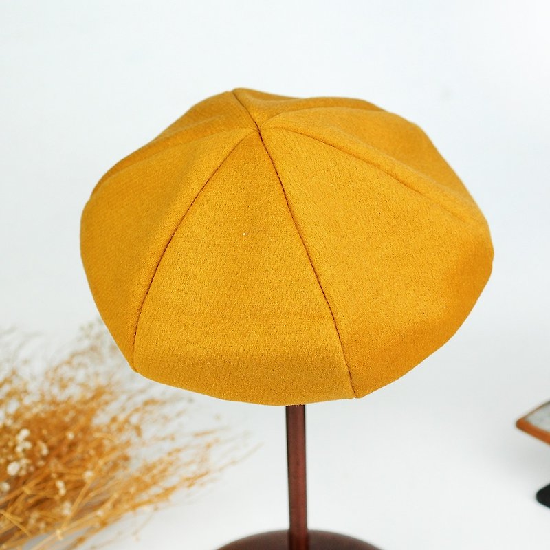 小牛村 手工貝雷帽 貝蕾帽 戴起來超好看【磨毛羊絨】薑黃 B-10 - 帽子 - 羊毛 黃色