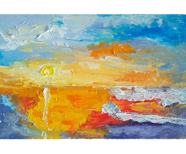 抽象海景オリジナル絵画、海の夕日の壁の芸術、空のミニアートワーク
