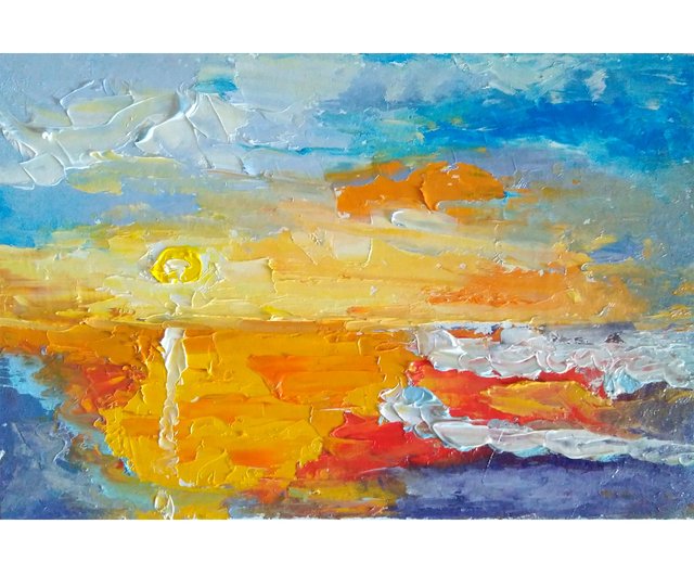 抽象海景オリジナル絵画、海の夕日の壁の芸術、空のミニアートワーク