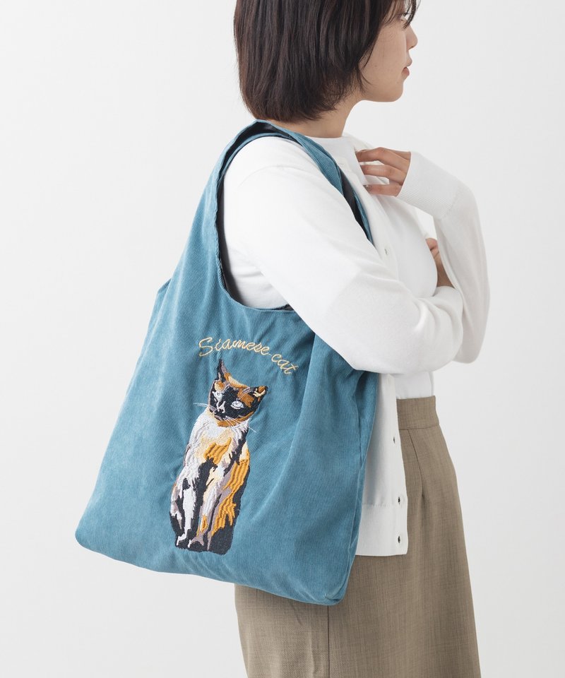 Jubilee アニマル刺繍 コーデュロイトートバッグ 猫  ブルー - 側背包/斜背包 - 聚酯纖維 藍色
