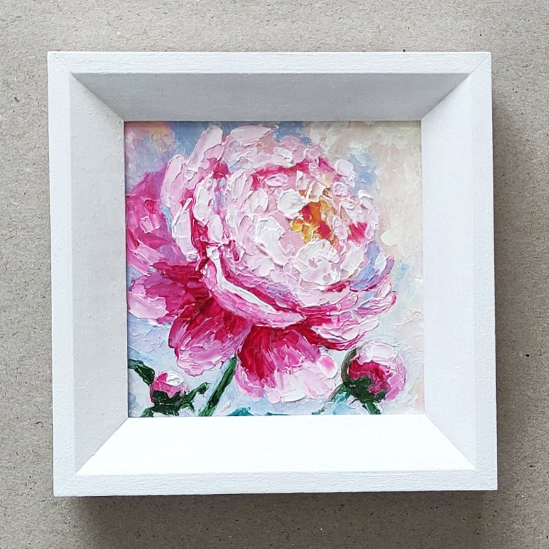 Peony Painting Original Art In Frame Floral Mini Oil Artwork Art Gift 手工油畫, 油畫原作 - 海報/掛畫/掛布 - 其他材質 多色