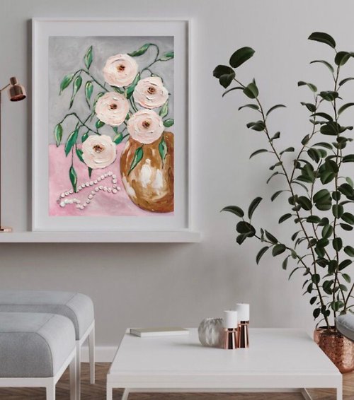 Gala 靜物與白花和珍珠 丙烯畫 抽象花 室內裝飾 藝術禮物