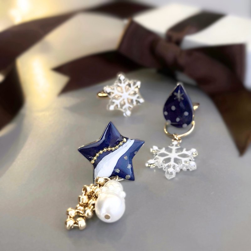 Star, Droplet and Snowflake Clip-On/Piercings and Rings Christmas Gift - Earrings & Clip-ons - Plastic Blue