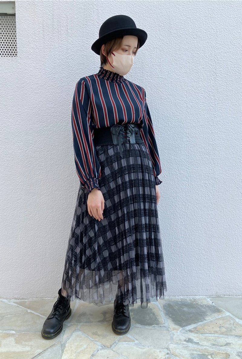 Striped tunic/navy/F size/hellcatpunks/hcp-sh-0028A - เสื้อเชิ้ตผู้หญิง - เส้นใยสังเคราะห์ หลากหลายสี