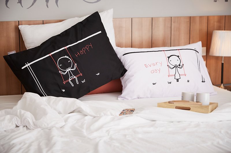 "Swing Swing Happy Everyday" Couple Pillow Case: 014 - Pillows & Cushions - Cotton & Hemp Black