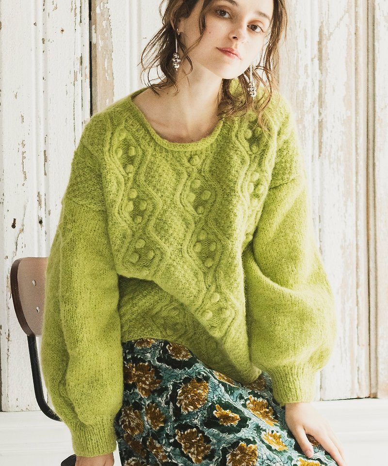 ポンポンケーブルハンドニットプルオーバー - 女毛衣/針織衫 - 羊毛 綠色