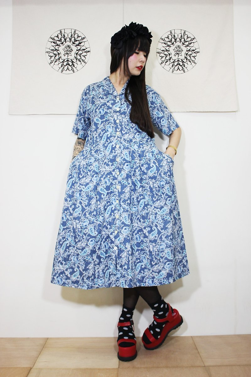 F2052 (Vintage) Blue Petite Flower Double Pocket Cotton Short Sleeve Vintage Dress (Wedding / Picnic / Party) - One Piece Dresses - Other Materials Blue