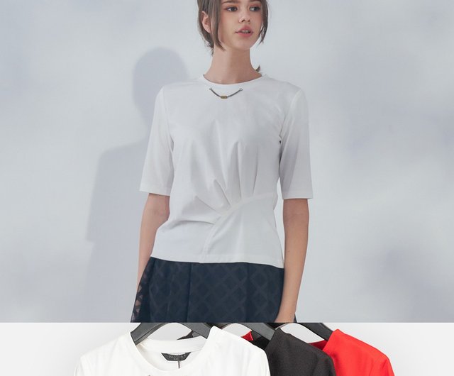 MEDUSA】斜めプリーツフロントショルダースモールチェーン装飾Tシャツ