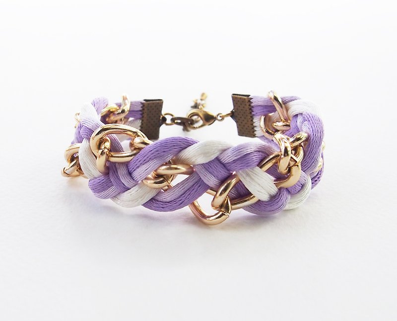 Purple/lilac/white braided with chain bracelet - 手鍊/手環 - 其他材質 紫色