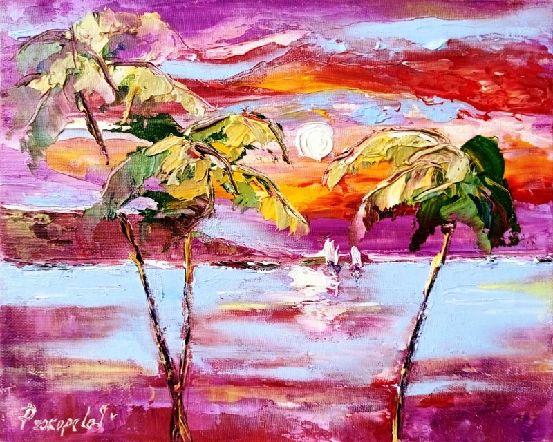 Hawaii Painting Palm Trees Original Art Seascape Impasto Oil Painting - Wall Décor - Other Materials Purple