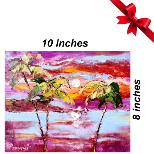 ハワイの絵画 ヤシの木 オリジナルアート 海景 厚塗り油絵 - ショップ
