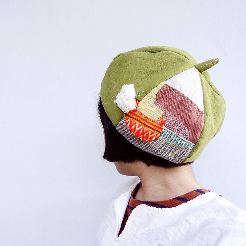 冬天的胖胖手織拼布貝雷帽 - 哈密瓜 1 (大人款) - 帽子 - 棉．麻 綠色