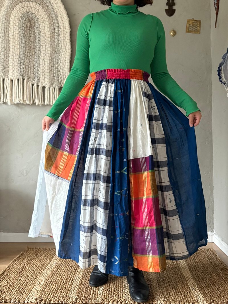Gathered Skirt in Indian Handwoven Fabric - Skirts - Cotton & Hemp 