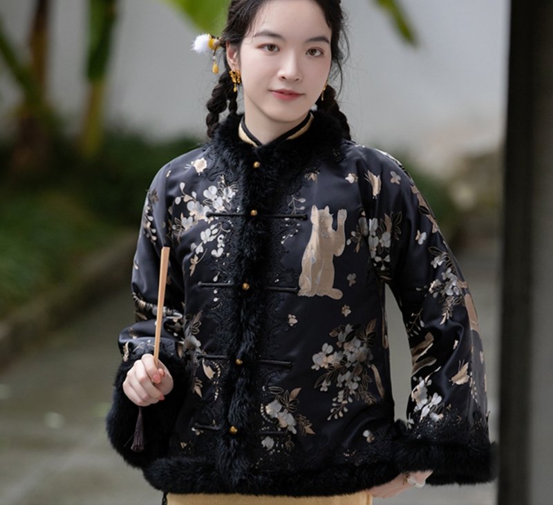 嘿喵小姐 新中式復古  倒大袖高端織錦夾棉兔毛上衣 - 女上衣/長袖上衣 - 其他材質 黑色