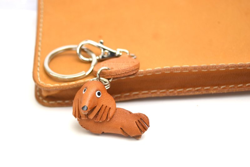 DACHSHUND Leather Keychain handmade in Japan lead charm collar charm VANCA - Keychains - Genuine Leather Brown