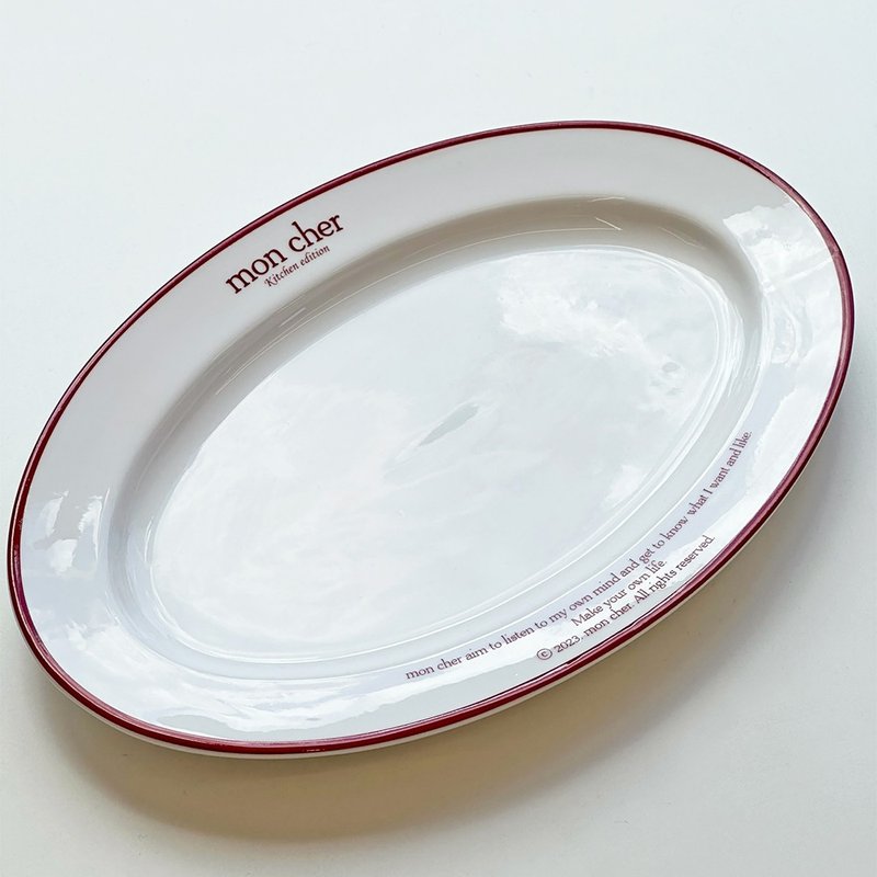 Vintage Red Oval Pasta Plate 10inch - 碟/盤子/餐盤 - 瓷 白色