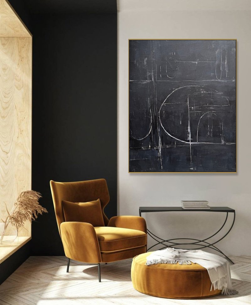 Abstract Black and Silver Wall Art Modern Minimalist Painting Large Textured Art - 壁貼/牆壁裝飾 - 壓克力 黑色